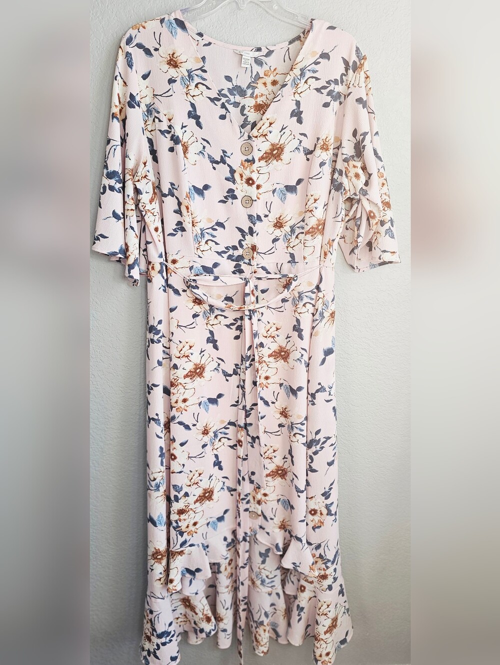 Cato Hi-Low Floral Dress 18/20 Pink Boho Cottagecore Flutter Sleeve